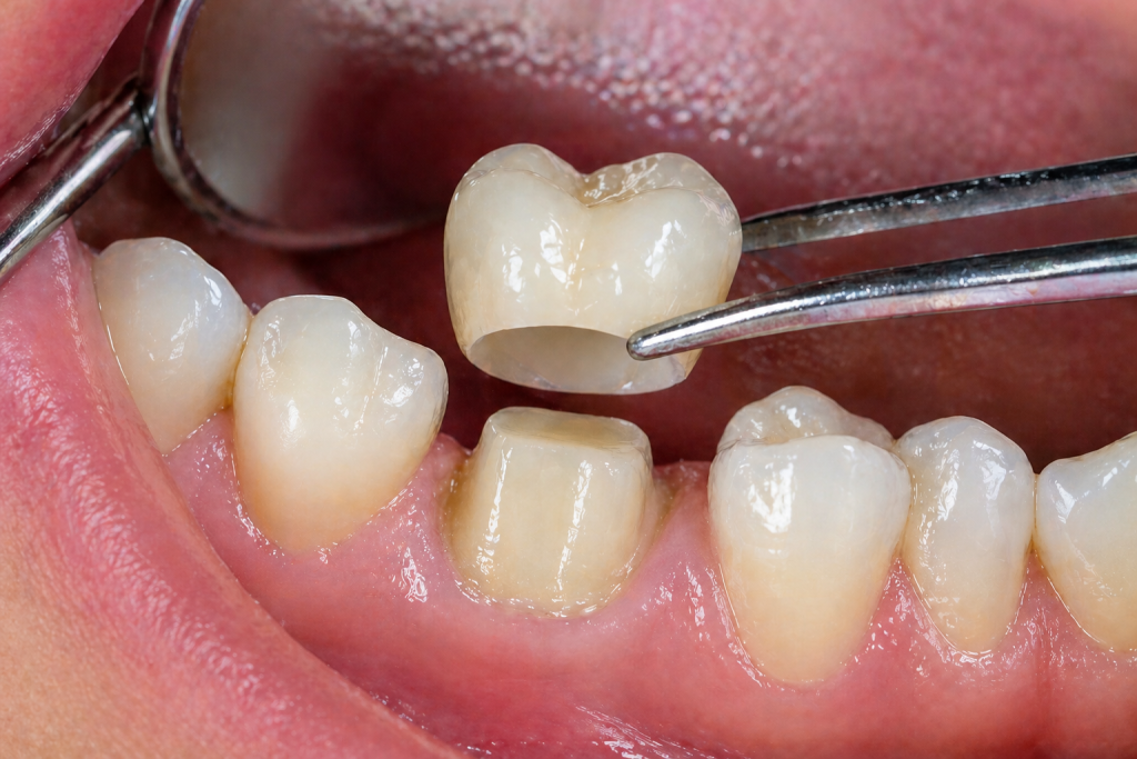 Dental crown placement close-up